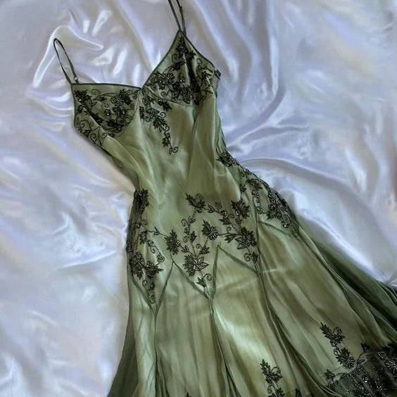 vintage green emerald maxi dress embroidered crystals floral Prom Dresses fg3974