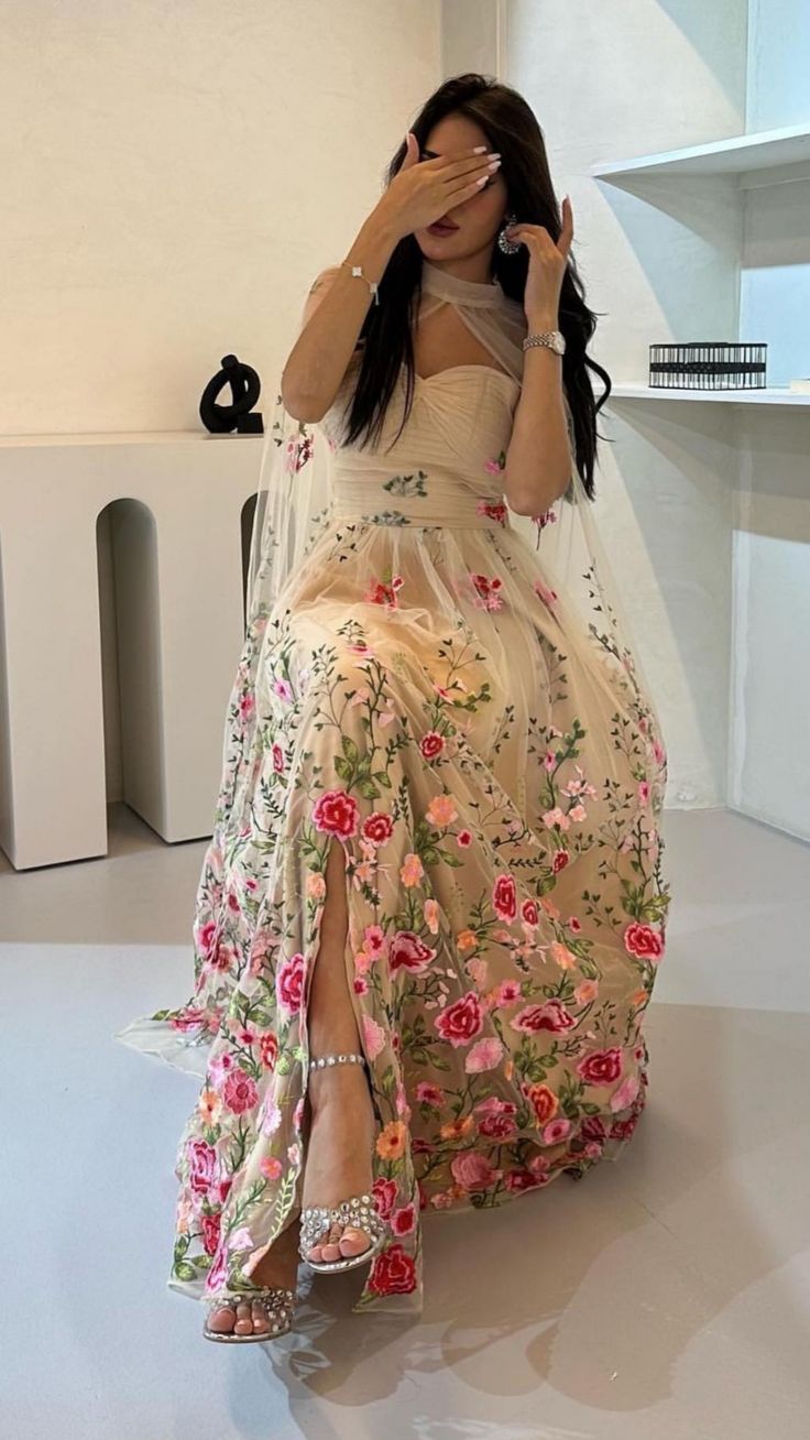 A-line Tulle Floral Long Prom Dress Unique Evening Dress fg6967