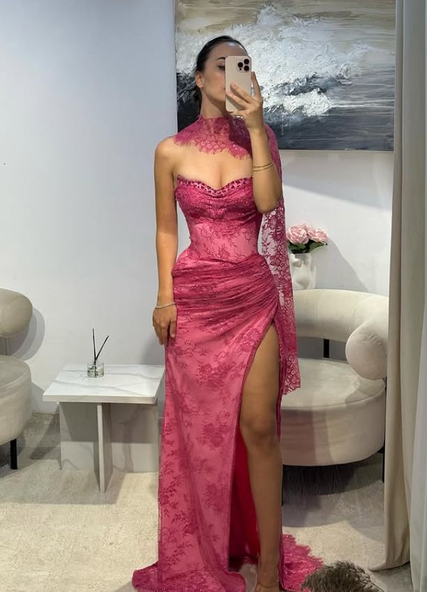 Pink Lace Prom Dress Sweetheart Neck Evening Dress With Slit fg8226