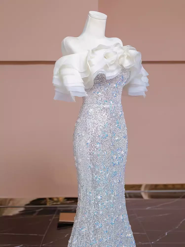 Mermaid Off The Shoulder Sequin Long Evening Dress Beads Prom Dress fg8578