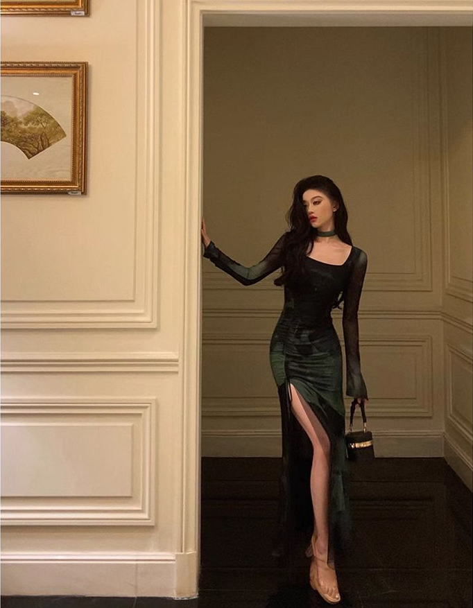 Chic Sheath Square Neckline Long Sleeves Green Long Prom Dresses Birthday Dress fg7033