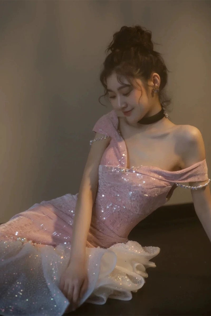 Meerjungfrau-Ballkleid mit schulterfreiem Schnitt und Pailletten, glitzernde Abendkleider fg5081