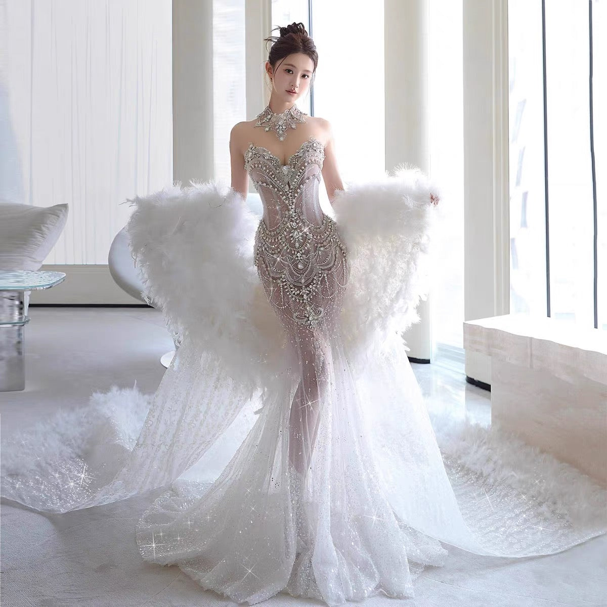 Pretty Mermaid Tulle Beads Long Prom Dresses Formal Evening Dress fg7547