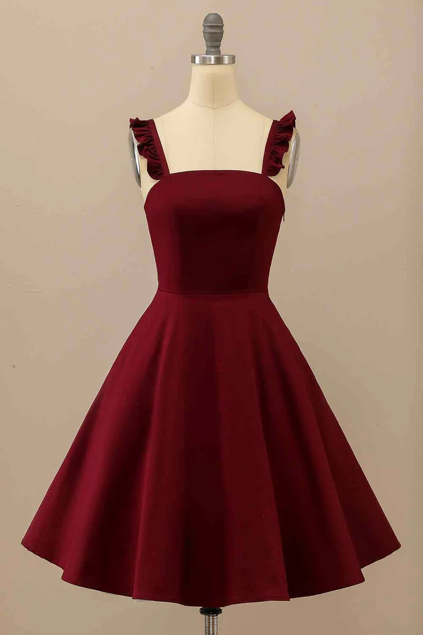 Burgundy A-line Ruffle Straps Satin Mini Homecoming Dress fg3452