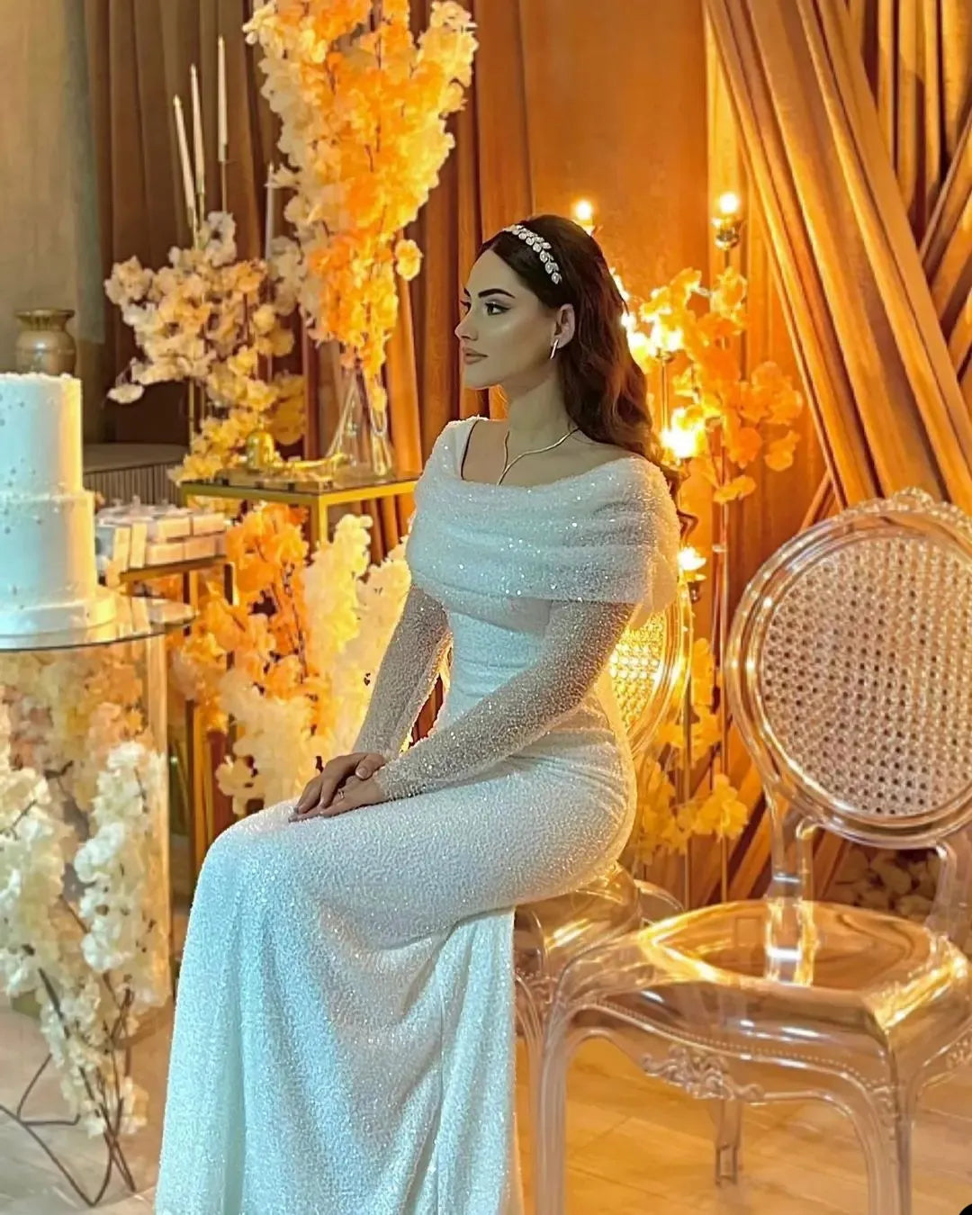 Glitter Tulle Off-Shoulder Long Sleeve Wedding Dress fg6932