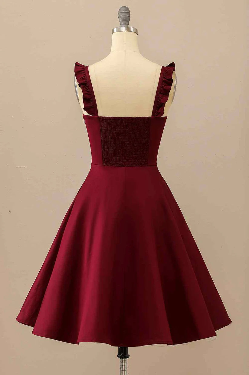 Burgundy A-line Ruffle Straps Satin Mini Homecoming Dress fg3452