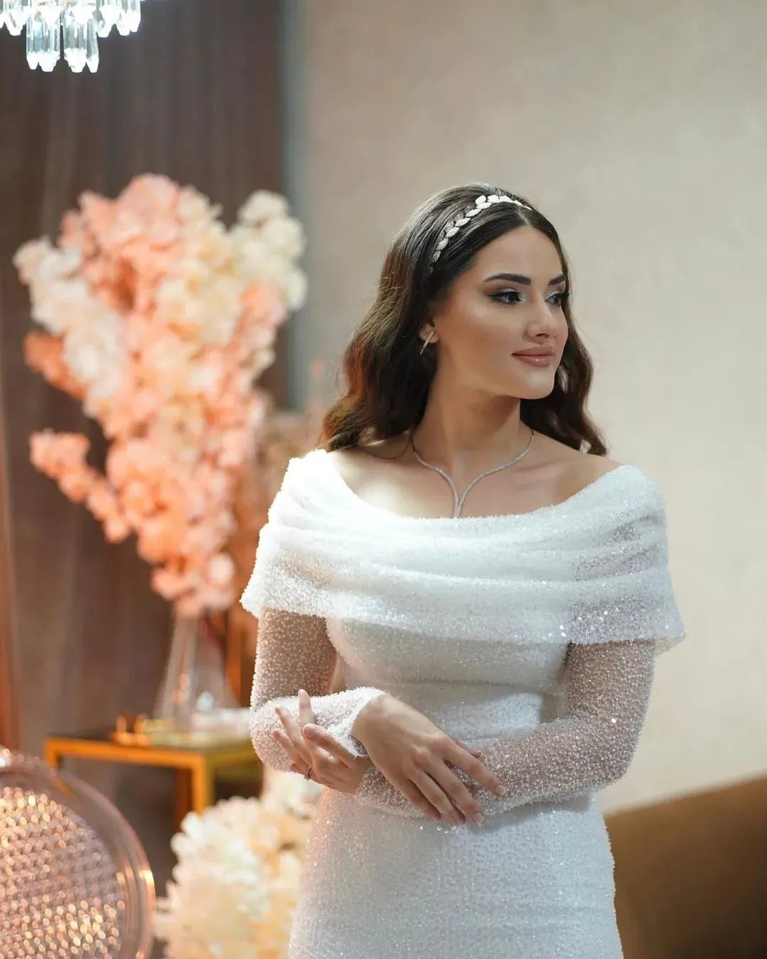 Glitter Tulle Off-Shoulder Long Sleeve Wedding Dress fg6932
