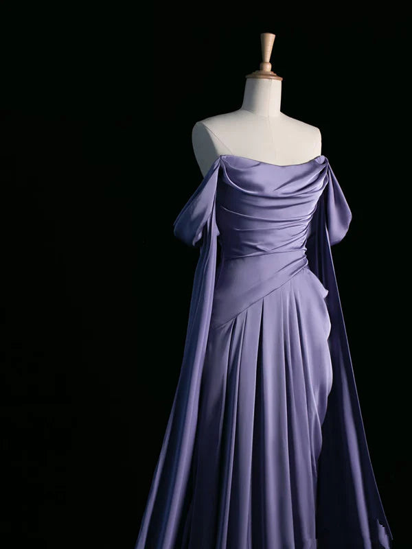 Elegant Purple Satin Prom Dress, Draped Bodice Formal Party Dress fg3961