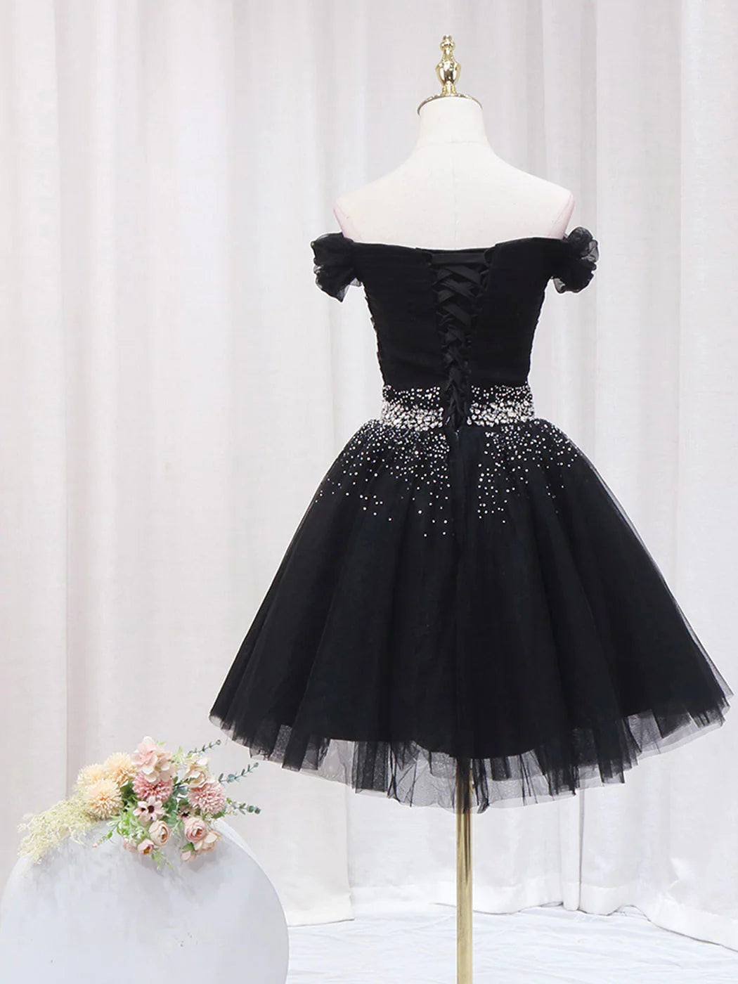 Black Off Shoulder Tulle Sequin Short Prom Dress, Black Homecoming Dresses fg3411