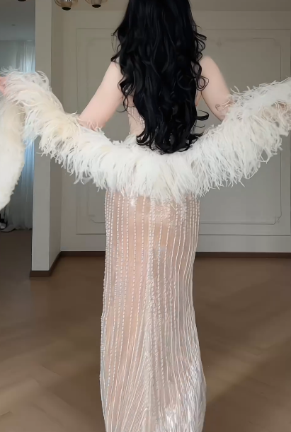 Spaghetti Strap Sweetheart Cutout Rhinestone Beaded Mermaid Evening Gown With Detachable Feather Sleeves fg8771