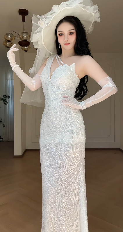 White Deep V Mermaid Wedding Dress, Sleeveless Asymmetrical Strap Beaded Sequin Bridal Gown fg8778