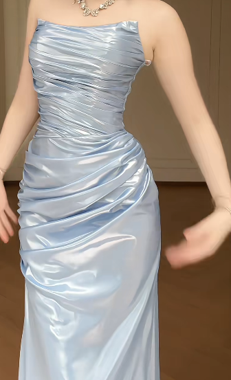 Strapless Light Blue Satin Mermaid Evening Gown, Ruched Bodycon Formal Maxi Dress fg8781