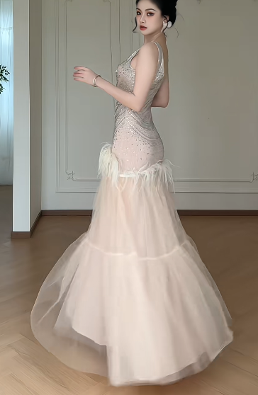 Sleeveless Beaded Tulle Mermaid Evening Gown, Feather Trim Tiered Formal Dress fg8782