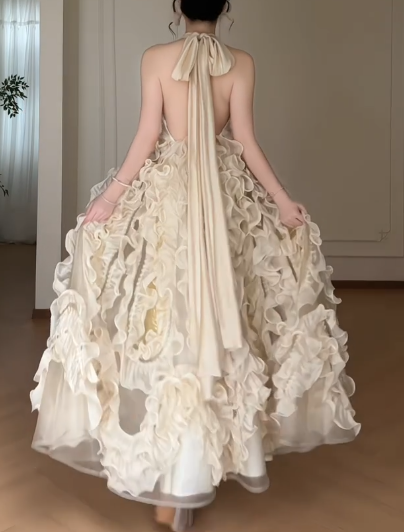 Halter Champagne 3D Ruffled Ball Gown, Open Back Bow Formal Evening Dress fg8784