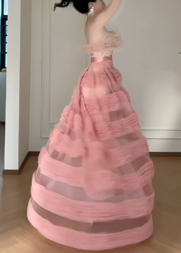 Strapless Feather Tiered Tulle A-Line Long Evening Gown fg8792