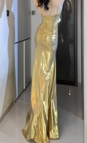 Spaghetti Strap Metallic Ruched Mermaid Evening Dress fg8790