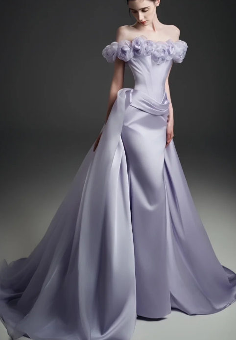 Off Shoulder 3D Floral Satin Mermaid Evening Gown With Detachable Train fg8823