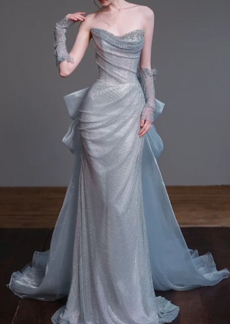 Strapless Ruched Sparkly Mermaid Evening Gown With Bow Train fg8835