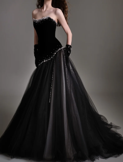 Strapless Beaded Velvet Tulle Evening Dress fg8839