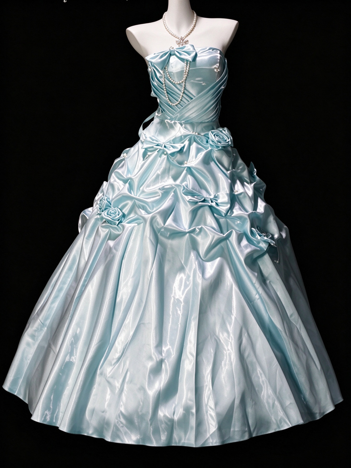Strapless Ruched Bow Pearl Satin Ball Gown fg8906