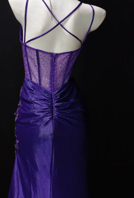 Spaghetti Strap Beaded Lace Corset Mermaid Slit Evening Gown fg8910