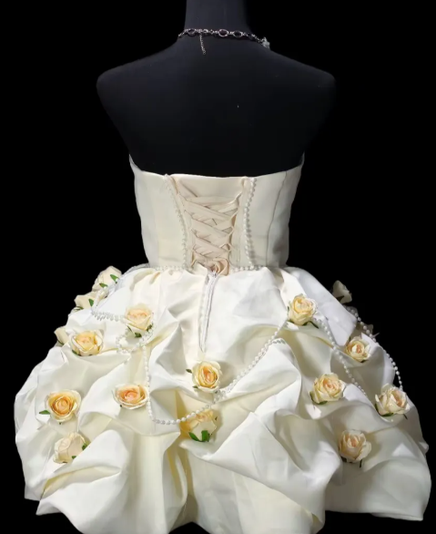 Strapless 3D Rose Pearl Satin Short Puffy Formal Dress fg8905