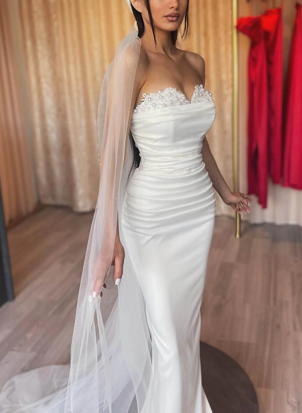 Mermaid Wedding Dresses With Detachable Skirt Sweetheart Long Sleeves Beaded With Pearls Wedding Dress fg4119