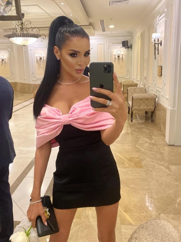 Sexy Big Bow Design Off the Shoulder Mini Dress Elegant Black Straples Pink Bowknot Bodycon Dress Homecoming Dress fg5565