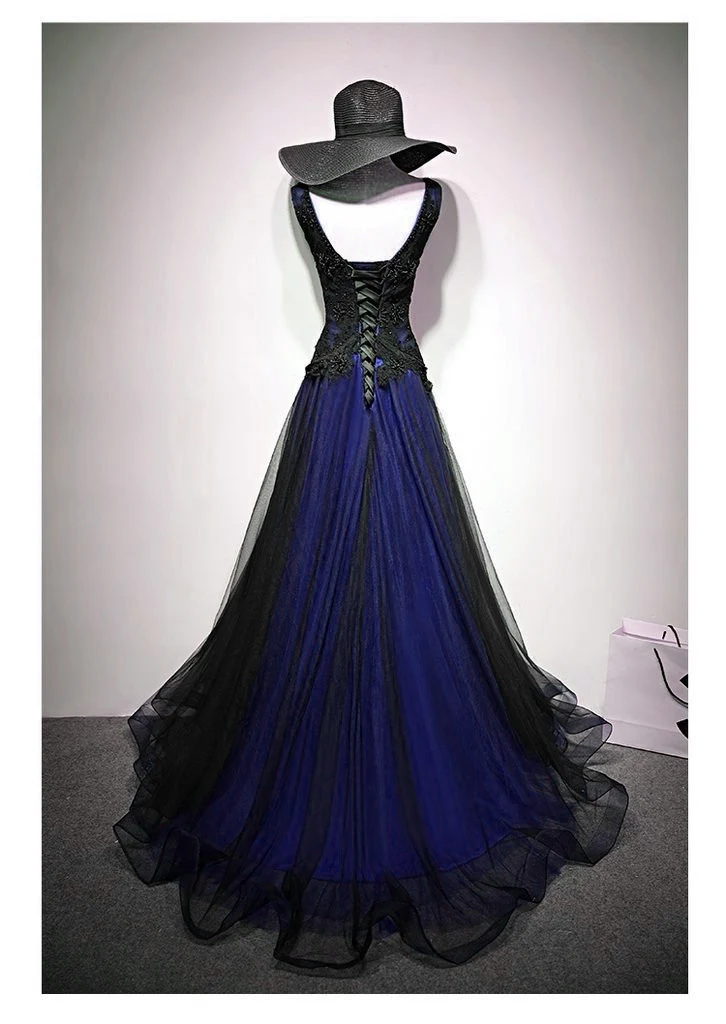 Navy Blue And Black Tulle V-Neckline Floor Length Party Dress Evening Dress, Unique Prom Dresses fg5093