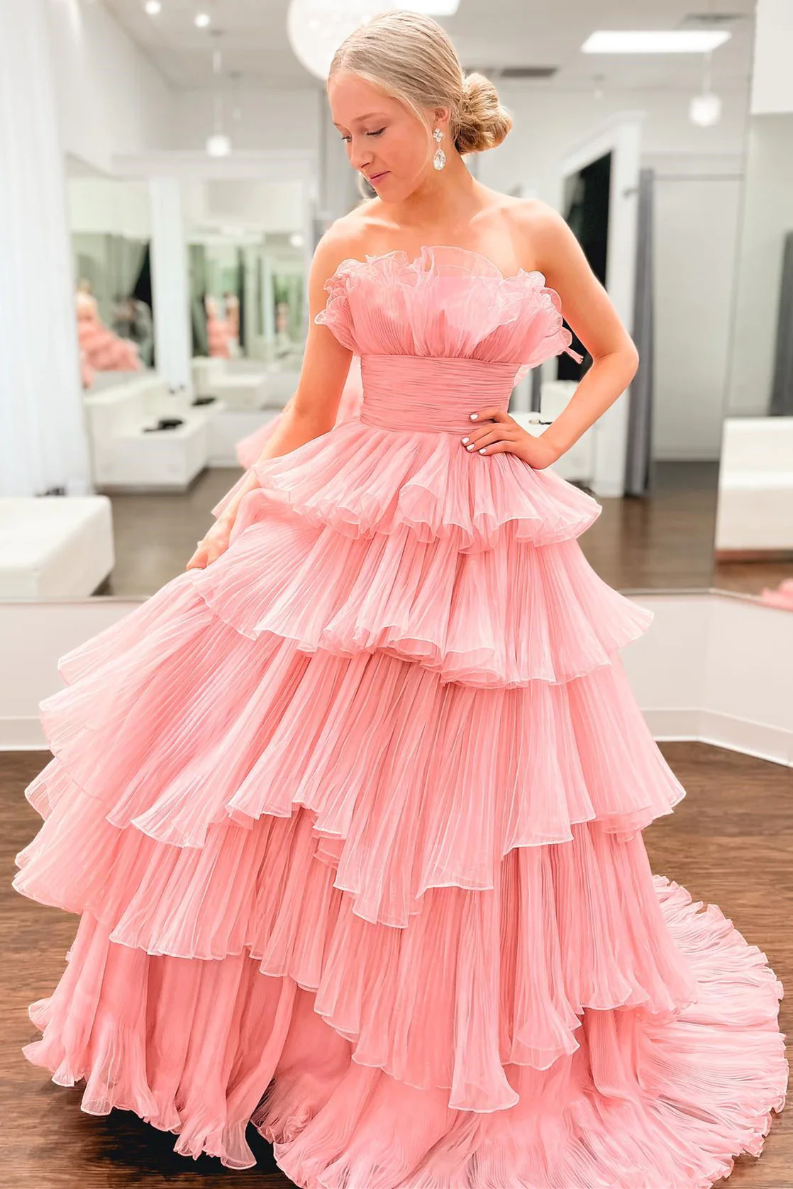 A-line Off-the-Shoulder Pink Ruffle Layers Tulle Long Prom Dress fg3628