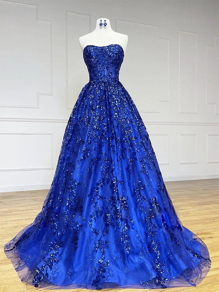 A-Line Sweetheart Neck Tulle Sequin Blue Long Prom Dress, Blue Long Formal Dress fg4925