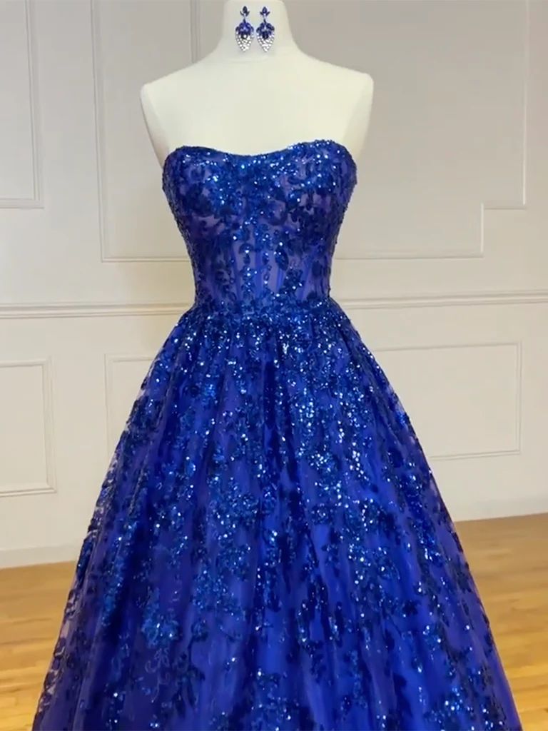 A-Line Sweetheart Neck Tulle Sequin Blue Long Prom Dress, Blue Long Formal Dress fg4925
