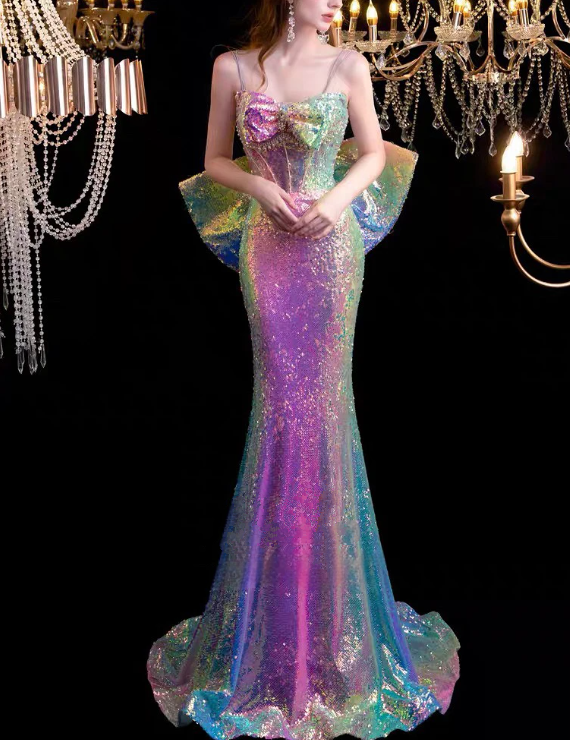 Women's Glitter Mermaid Prom Dresses, Spaghetti Strap Bow, Pearls Ribbon, Long Sexy Shiny Formal Occasion Dress fg4614