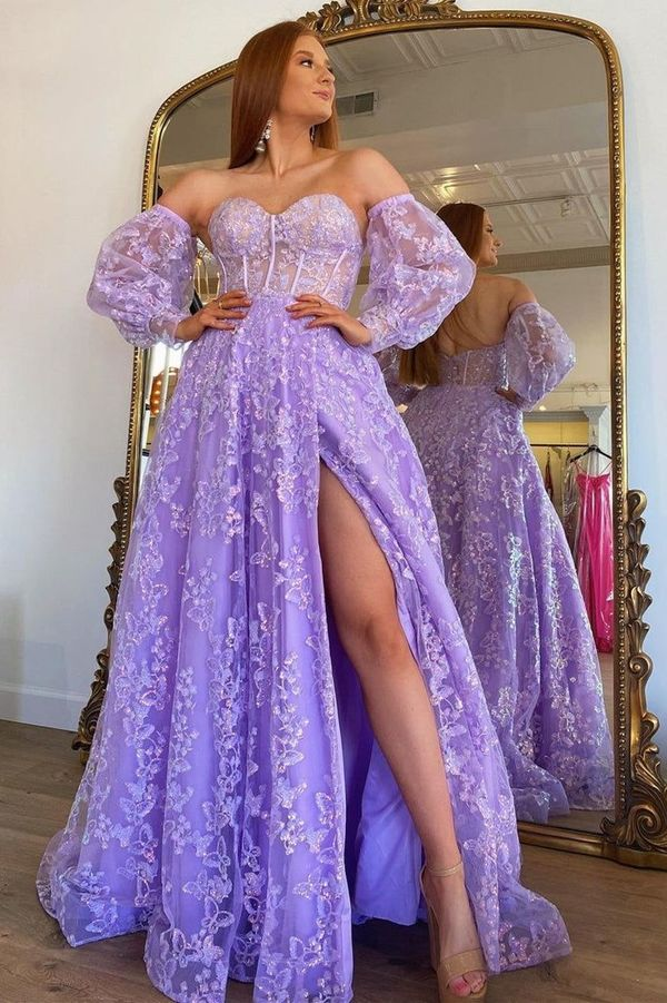 Robe de bal longue en dentelle à manches bouffantes et bustier princesse lavande scintillante fg3266