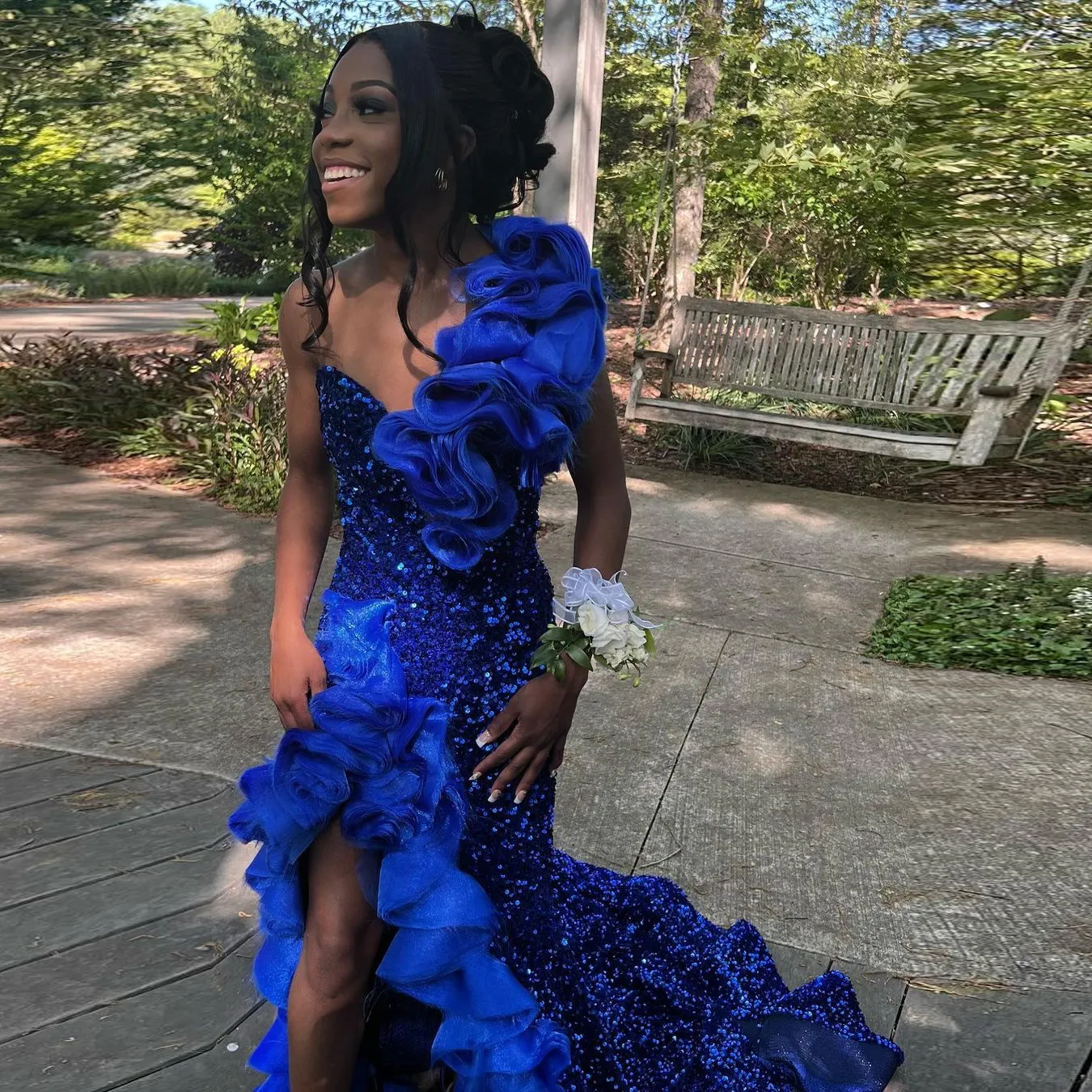 Blue Long Prom Dress Sequined Ruffles Side Split Sexy Evening Dress Graduation Party Gowns fg5148