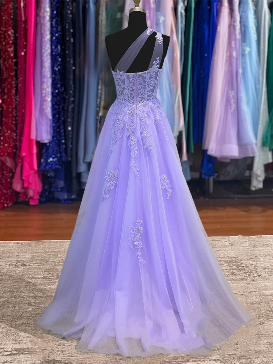 Purple Tulle One Shoulder Appliques Prom Dress fg5402