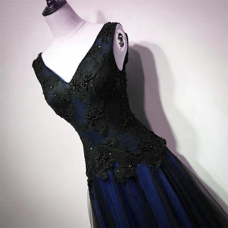 Navy Blue And Black Tulle V-Neckline Floor Length Party Dress Evening Dress, Unique Prom Dresses fg5093