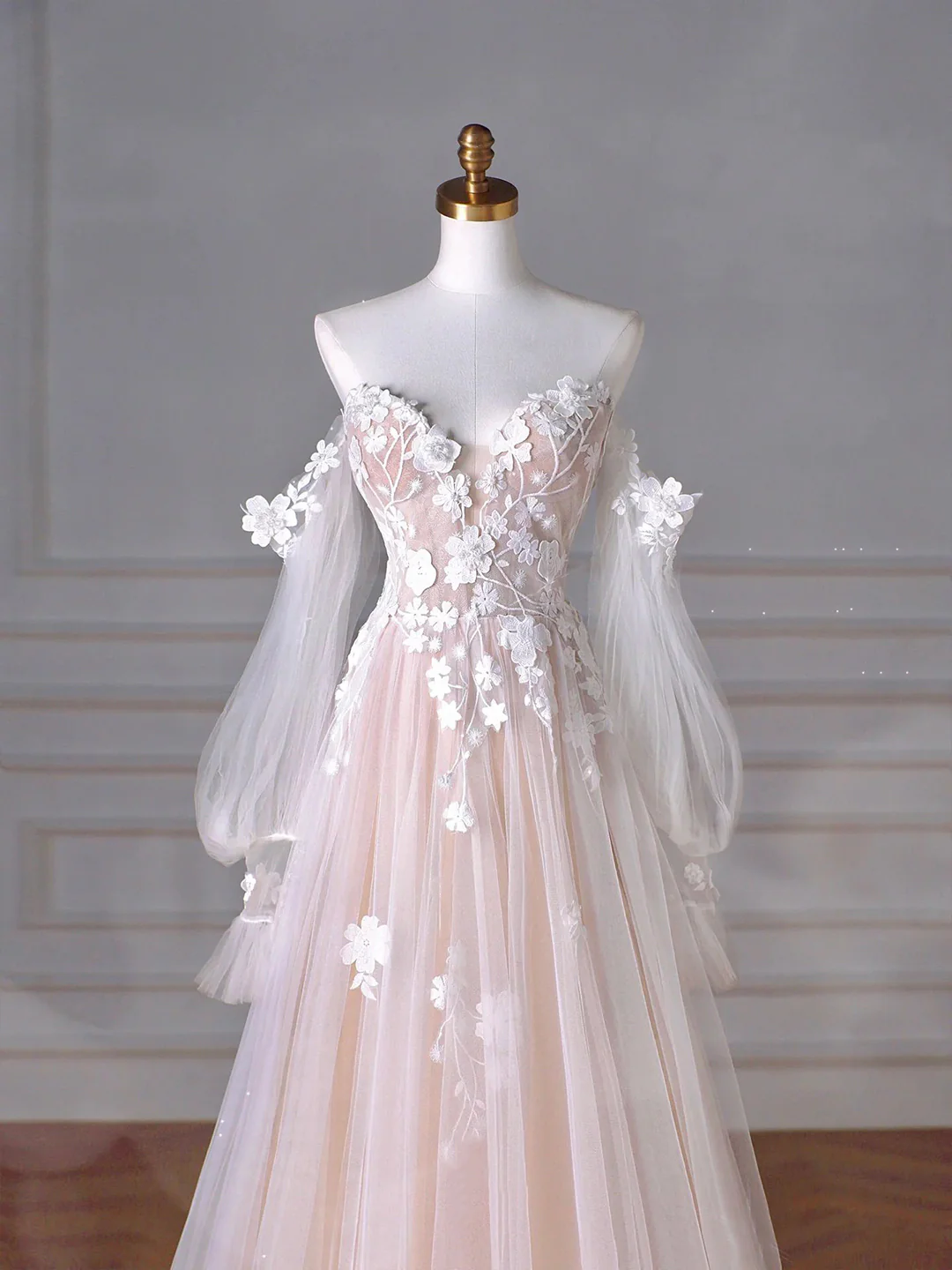 Champagne Tulle Lace Sweetheart Neck Long Formal Dress, A-Line Puff Sleeves Party Dress fg5434