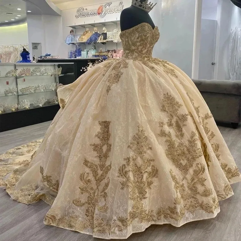 Quinceanera Dresses Sequined Lace Appliques Off Shoulder Lace-up Corset Princess prom vestidos de 15 anos fg5567