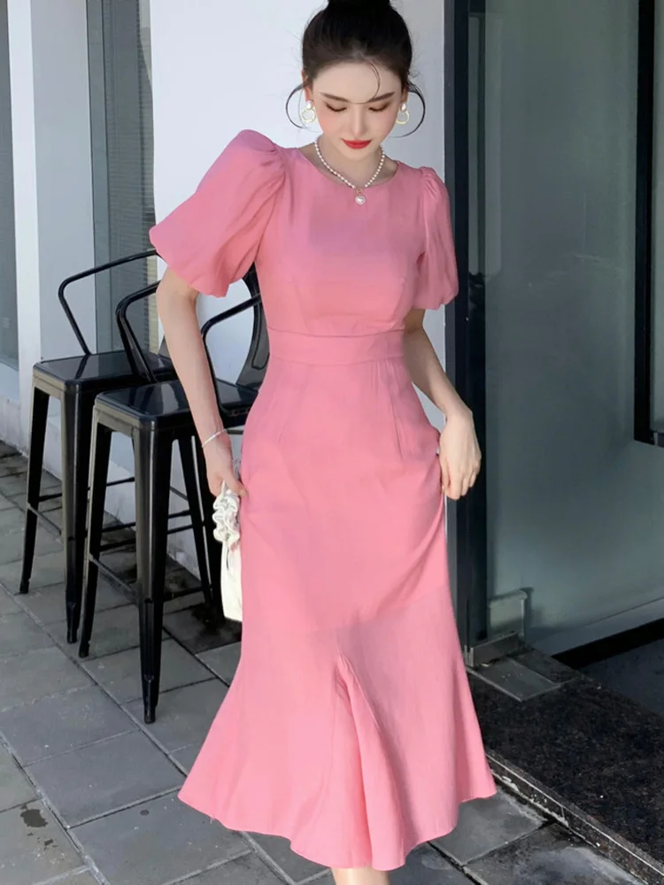 Classy Pink Puff Sleeves Mid-length Prom Dress,Pink Evening Dress fg4680