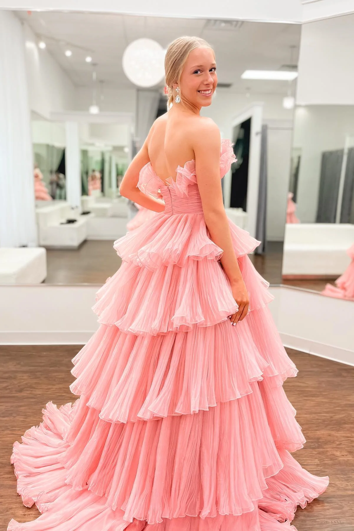 A-line Off-the-Shoulder Pink Ruffle Layers Tulle Long Prom Dress fg3628