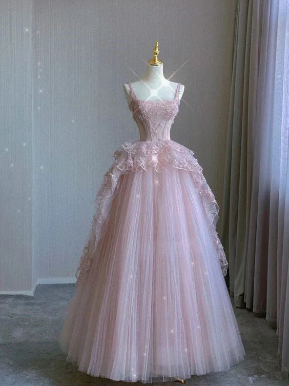 Modest Ball Gown Straps Pink Tulle Prom Dresses 22th Birthday Outfit fg5439