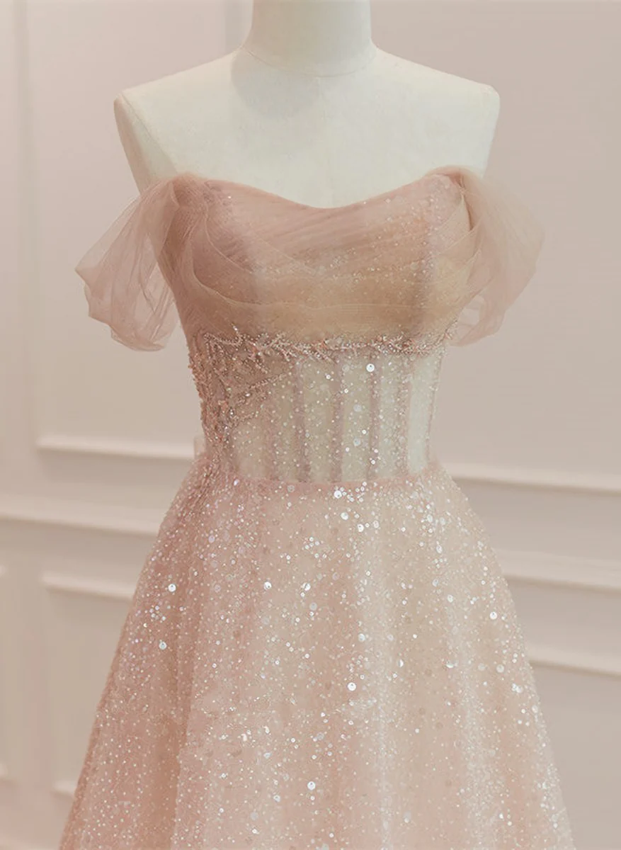 Glitzernder Tüll mit Perlenbesatz, langes A-Linien-Ballkleid, Tüll-Ballkleid mit Herzausschnitt fg5688