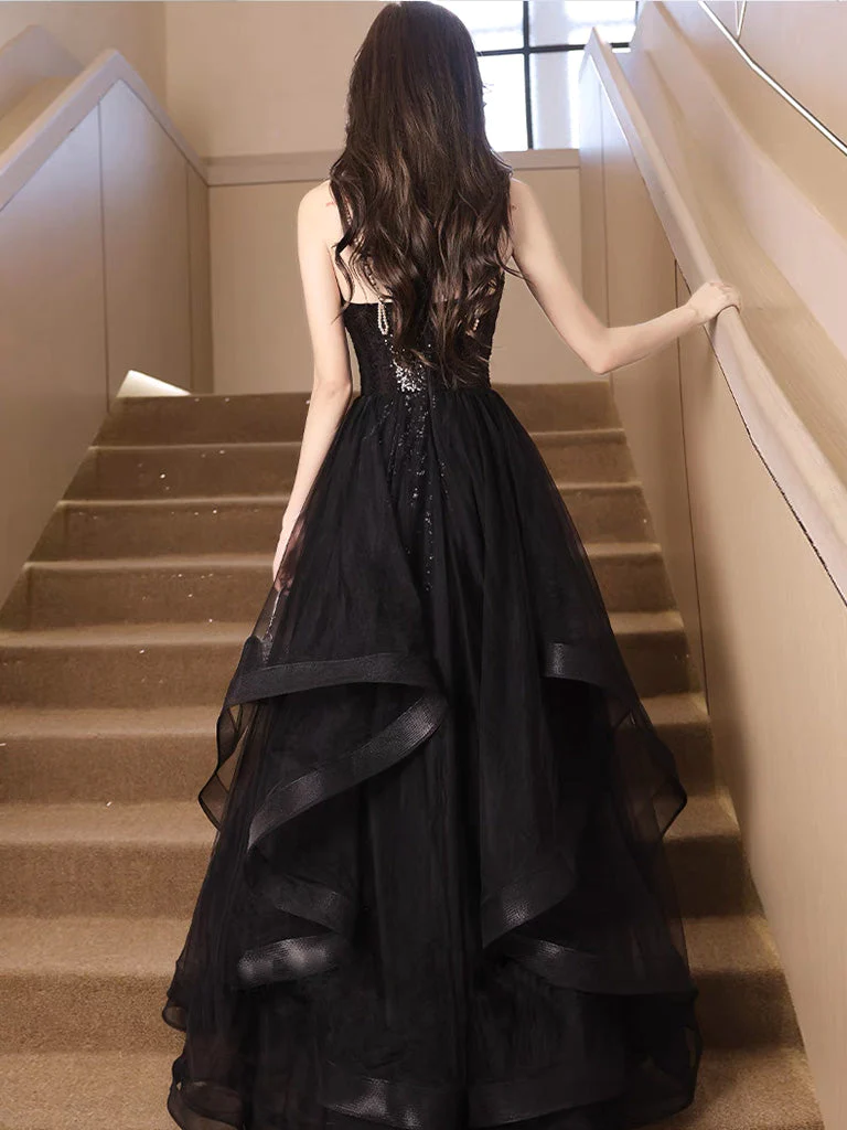 A-Line V Neck Sequin Tulle Black Long Prom Dress, Black Long Evening Dress fg4956