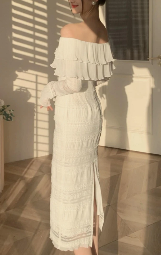 Elegant White Midi Dress Office Lady Long Sleeve Sexy Beach Party Bodycon Dress fg5417