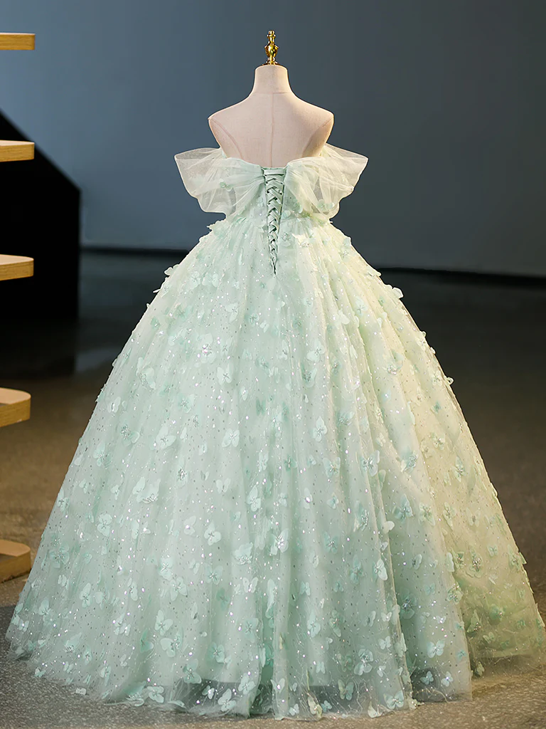 Green Tulle A-Line Lace Long Prom Dress, Green Lace Long Sweet 16 Dress fg5229
