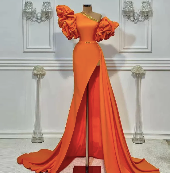 One Shoulder Unique Evening Dresses Long Orange Beaded Mermaid Elegant Simple Formal Evening Gown fg5677