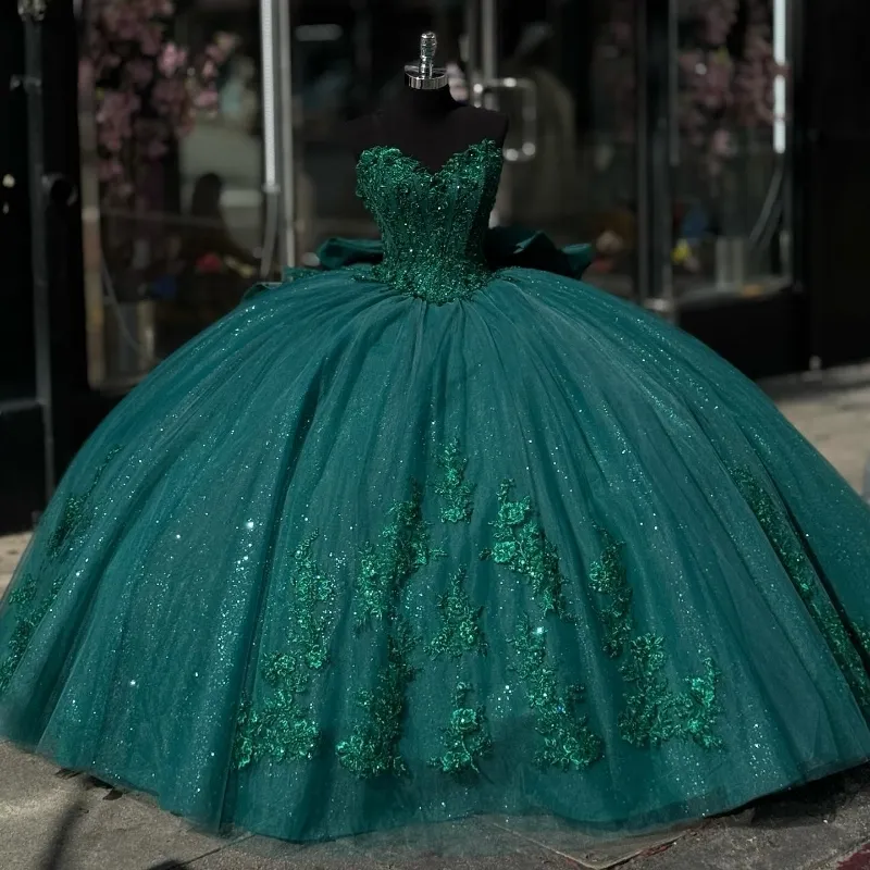 Green Appliques Lace Tull Ball Gown Quinceanera Dress Off The Shoulder Glitter Crystal Corset Dress fg5550