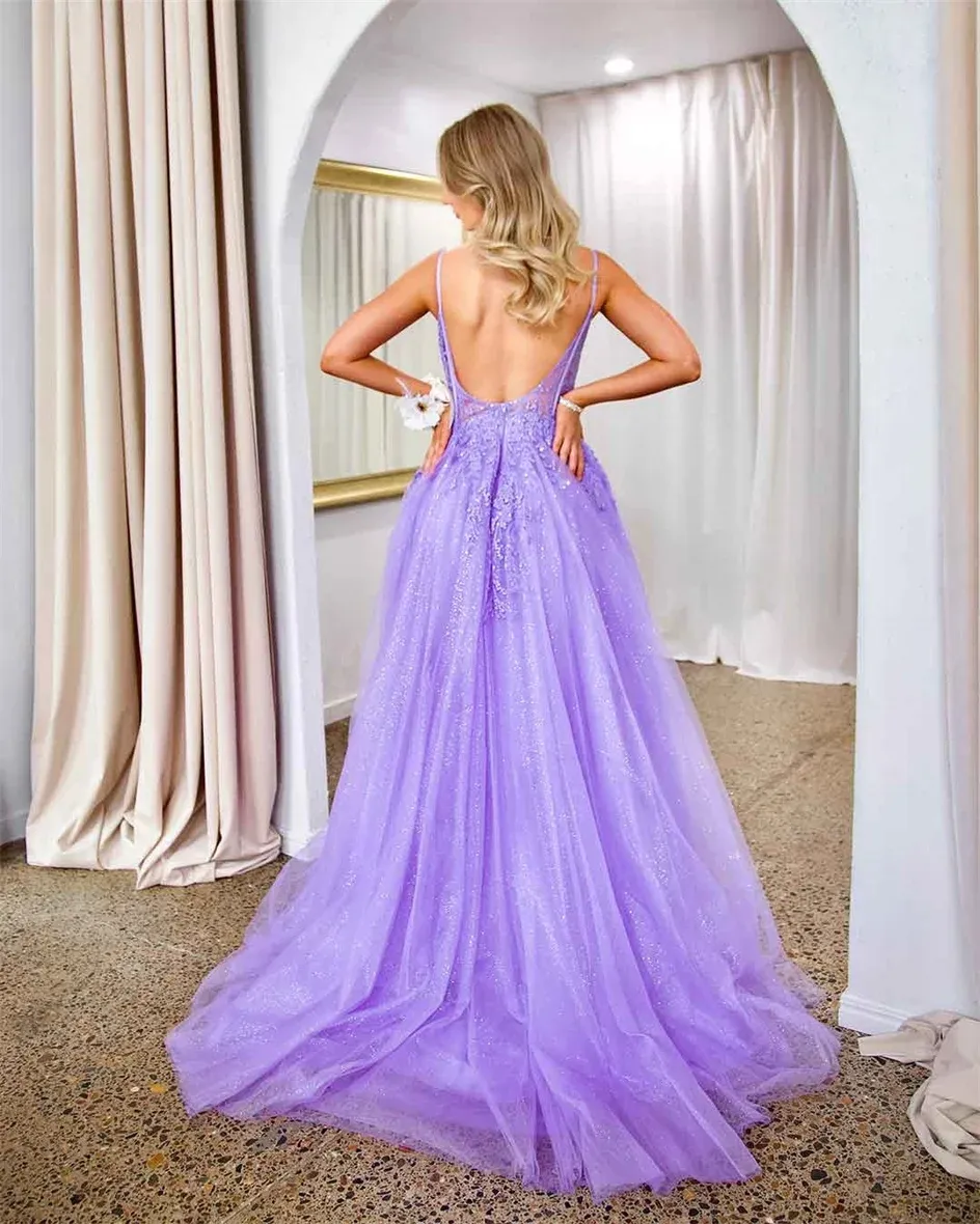 A-Line Prom Dress Spaghetti Straps Sequin Applique Tulle Evening Birthday Party Dress fg5627