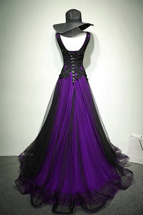 A-line Black and Purple Tulle V-neckline Beaded Prom Dress, Black Tulle Formal Dress fg4932